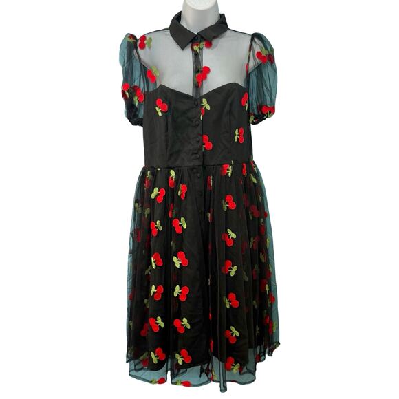 Unique Vintage Collared Sheer Embroidered Black Red Cherry Dress size L 10 12 - Picture 1 of 15